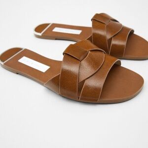 Zara Flat Crossed Brown Leather Sandals 7